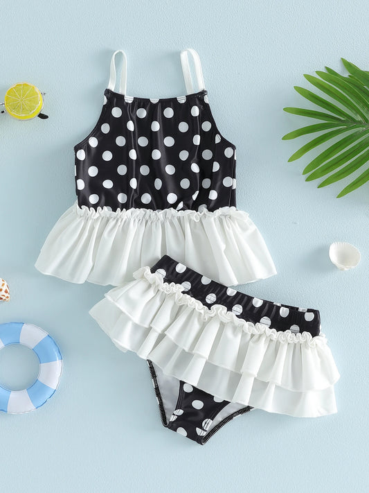 Cute Baby Girl Swimwear Set Polka Dot Pattern Sleeveless Ruffle Tops and Bottoms 2 Piece Beachwear Ensemble