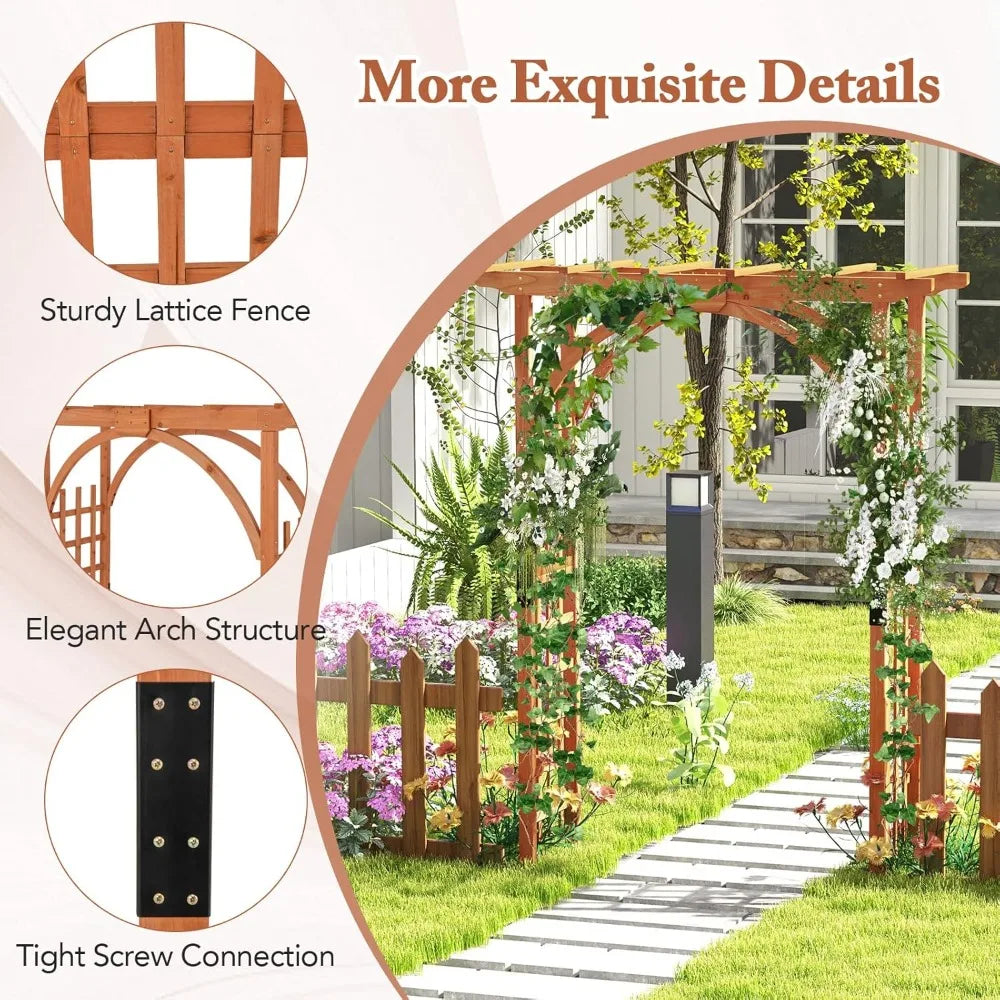 Wooden Garden Gazebo Arch with Decorative Roof and Climbing Frame