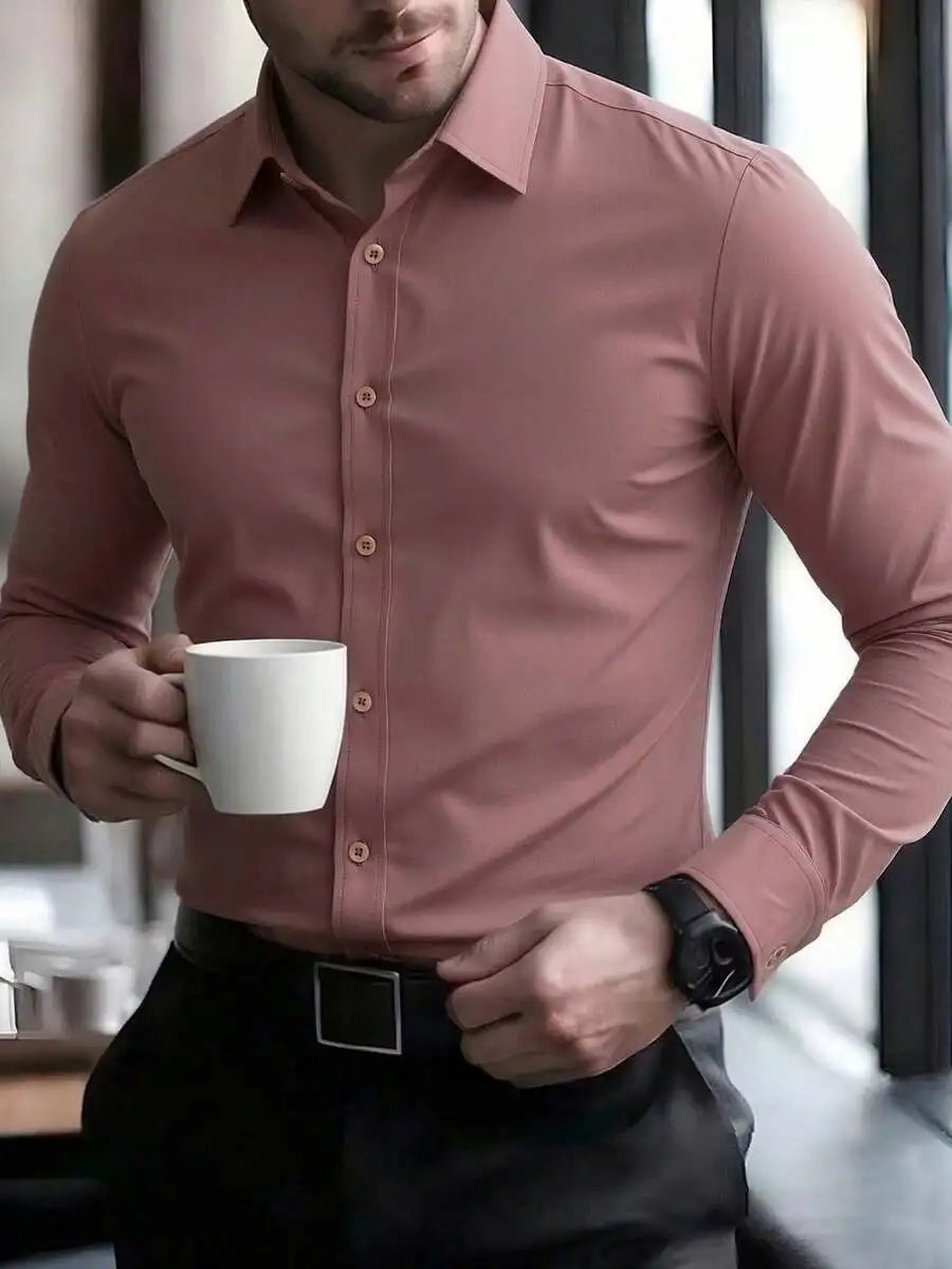 Mens Solid Color Long Sleeve Button Up Shirt Stand Collar
