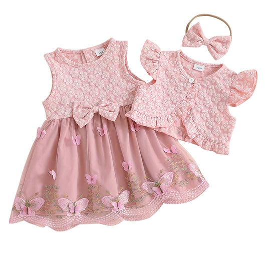 Adorable Baby Girls Summer Outfits with Bow Headband Floral Butterfly Pattern Tops and Matching Dresses - 3 Piece Set for