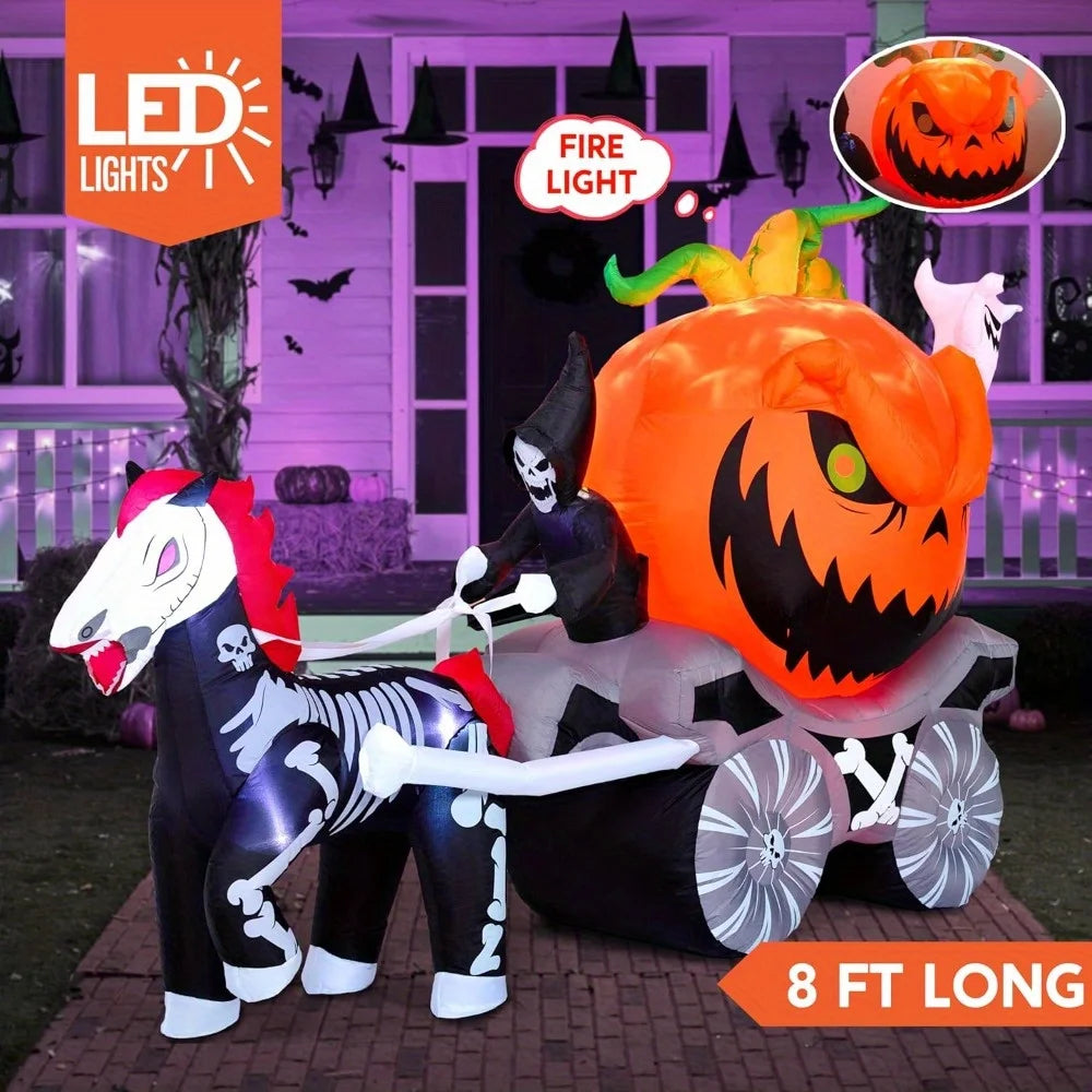 8 Ft Long Pumpkin Carriage Halloween Inflatables Outdoor Decorations Blow Up Pumpkin Carriage with Build-in LEDs Blow Up for Yard, Halloween Inflatables Party Decoration Outside Garden Lawn