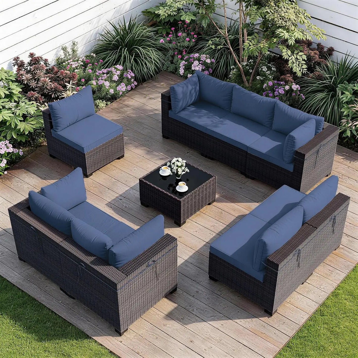 Patio Furniture Set with Coffee Table, 9 Pieces Outdoor Sectional with Wide Seat and Thick Cushion, All Weather, Customized