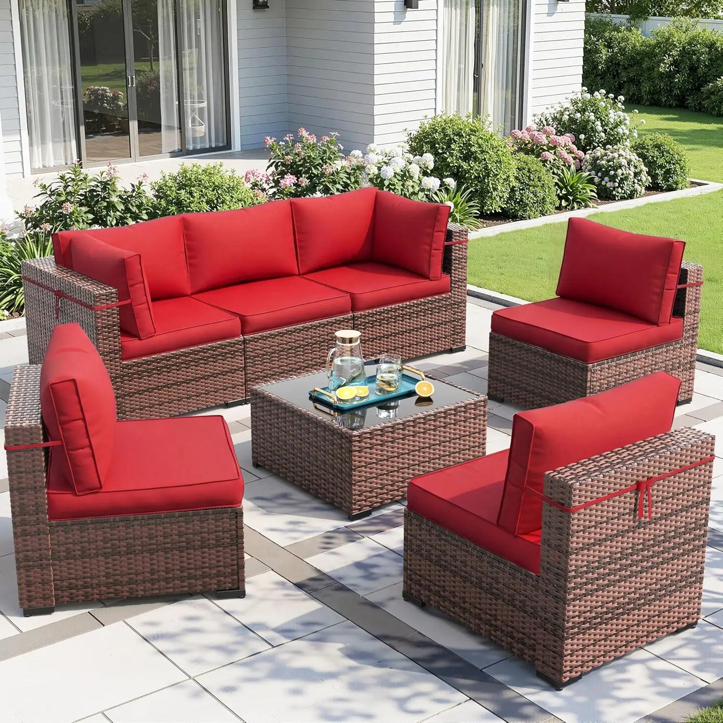 Patio Furniture Sets with Waterproof Cover, 7 Pieces Outdoor Rattan Sectional Sofa Set with Glass Table, Customized