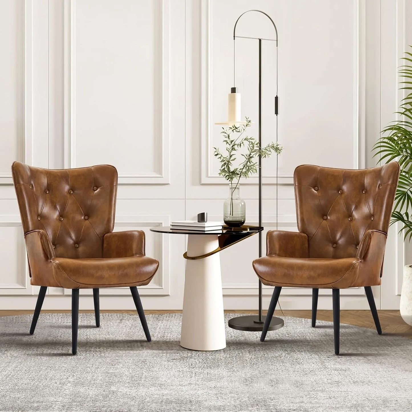 Set of 2 Mid Century Brown PU Leather Wingback Accent Chairs, High Backrest Reading Corner Armchair, Customized