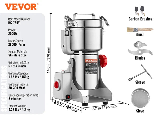 VEVOR Electric Grain Mill Grinder for Dry Herbs and Spices