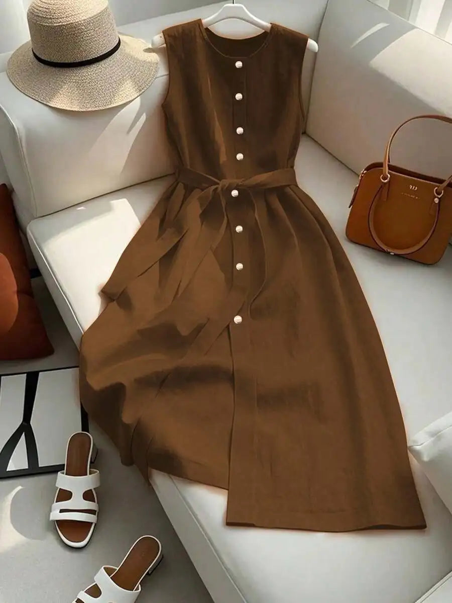 Sleeveless Single-Breasted Burgundy Casual Dress With Belt