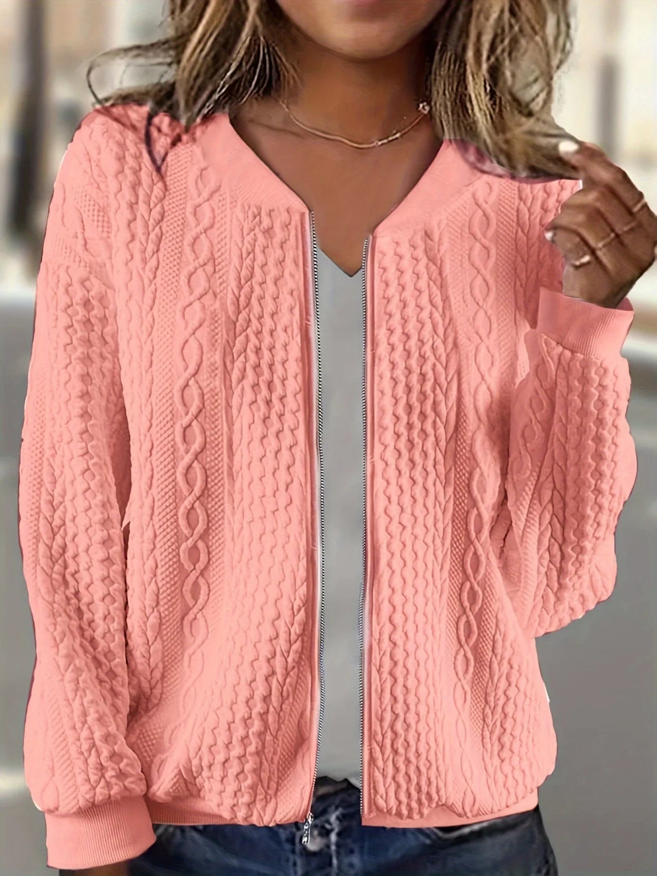 Plus size women's cable knit V-neck zip-up short jacket loose zip long sleeve pocket slimming daily commute cardigan top