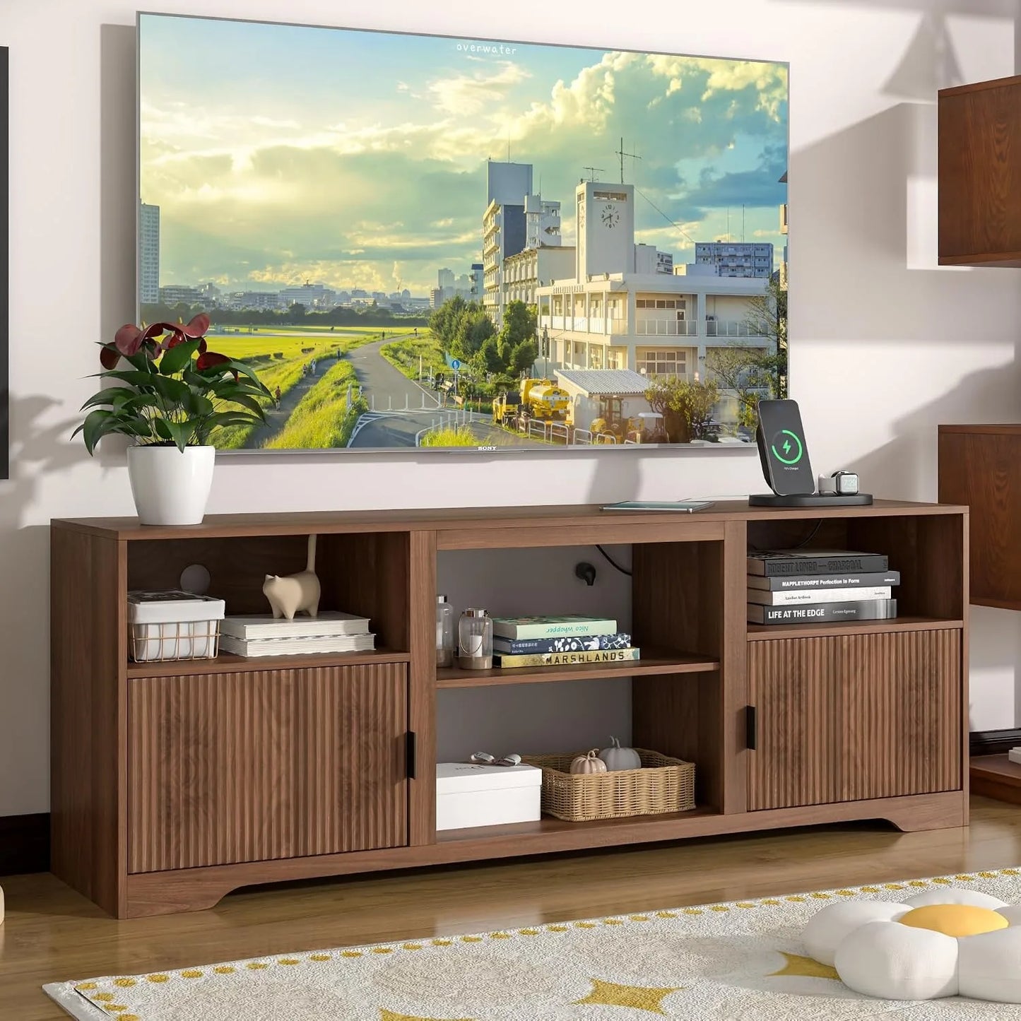 Fluted Mid Century Wood TV Stand Adjustable Shelves Fits 80in TVs, Customized