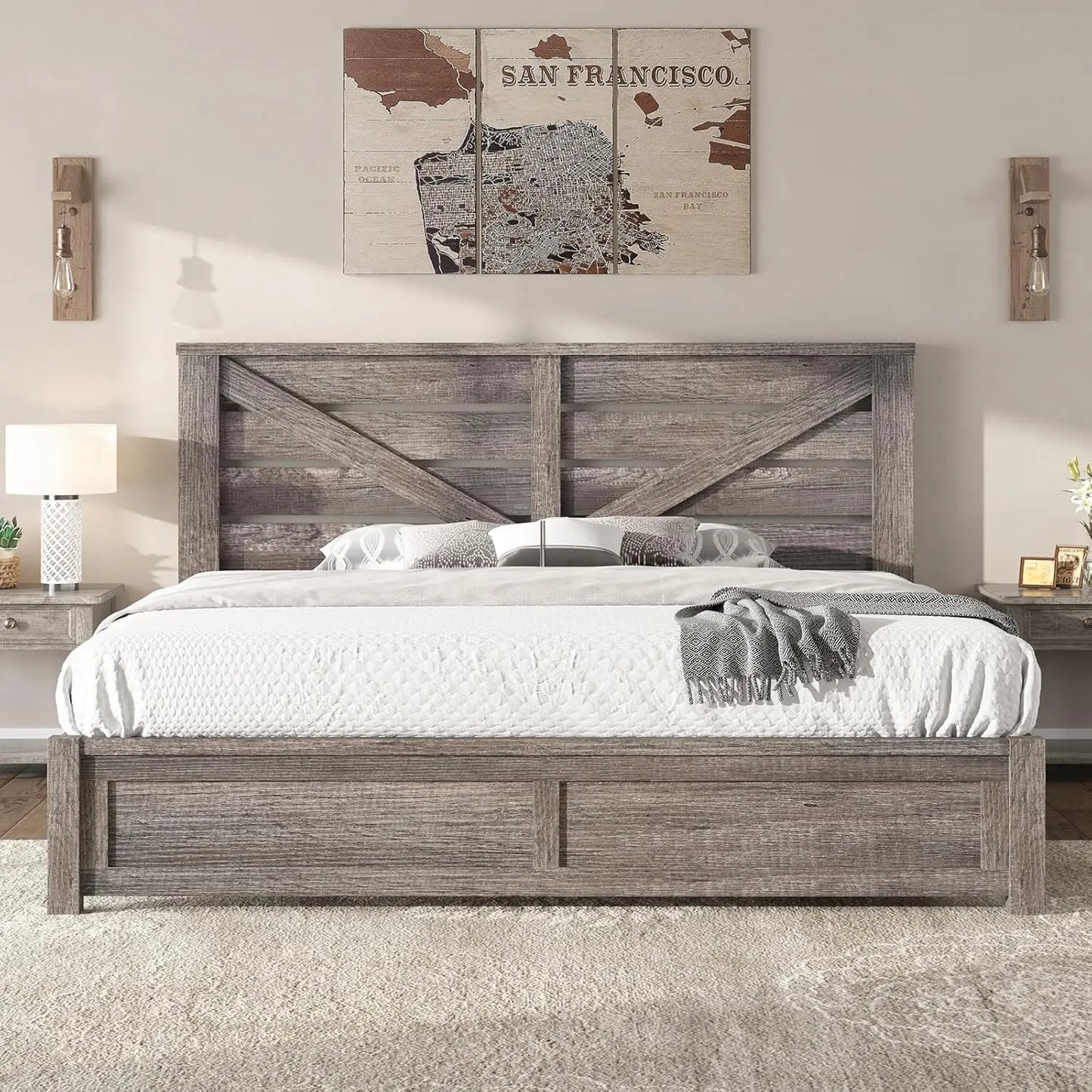 King Size Bed Frame with 49.2" Barn Door Headboard and Footboard, Rustic Farmhouse Platform Bed Frame with Wood, Customized