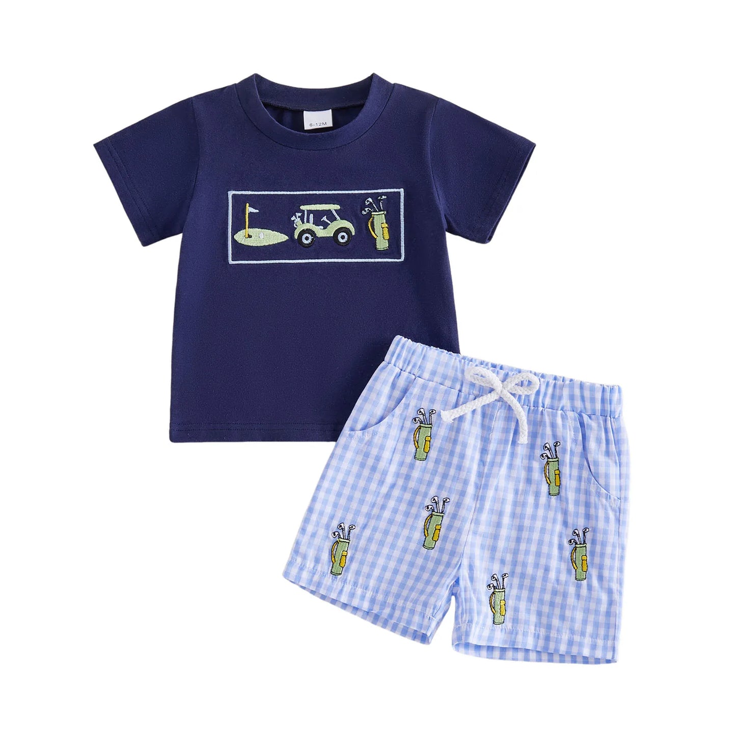 Boys Summer Outfits with Cute Animal Embroidery Short Sleeve T-Shirts and Elastic Waist Plaid Shorts 2Pcs Clothing Set for