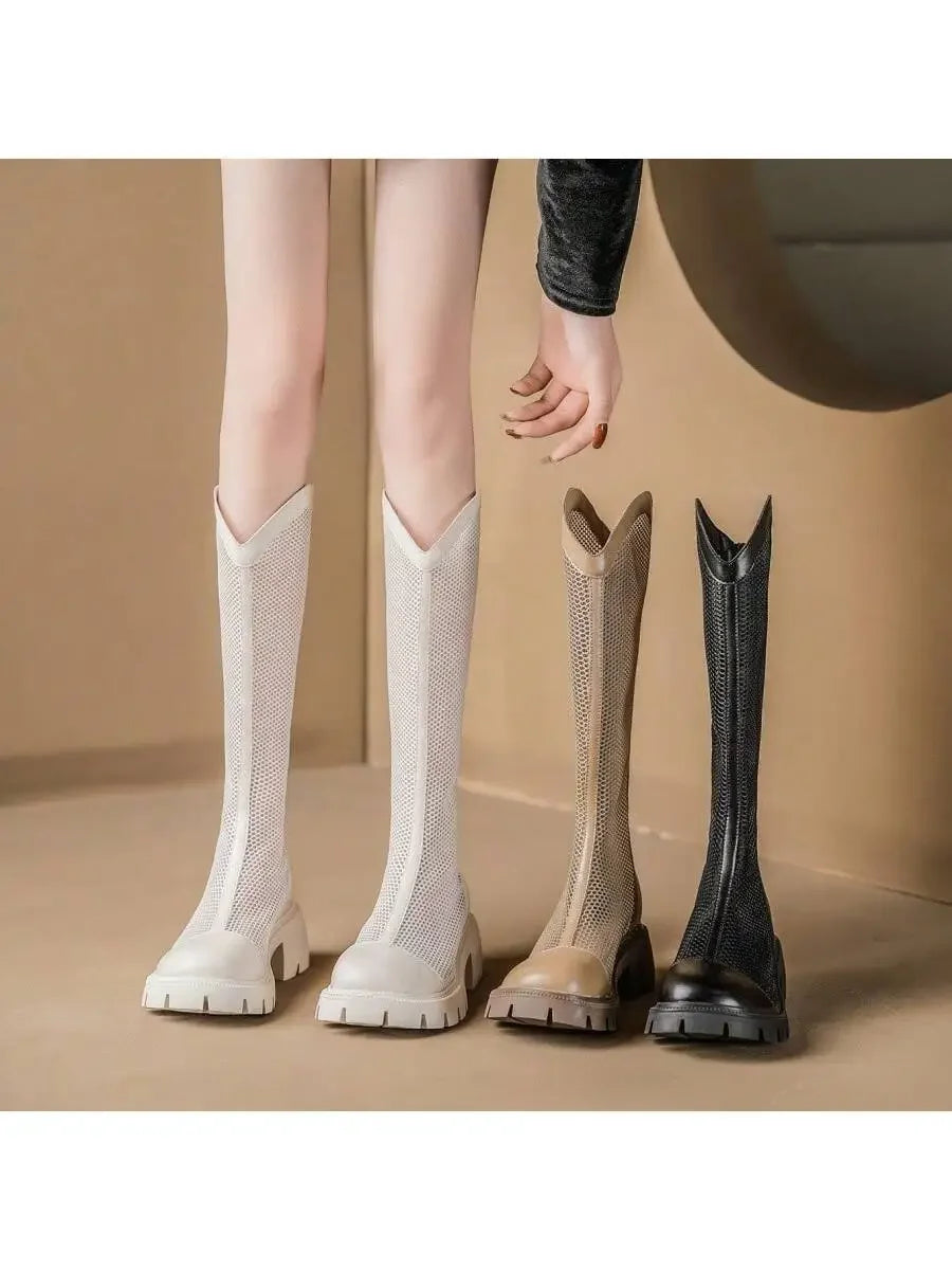 Women's Mesh Riding Boots With Platform Heel Breathable