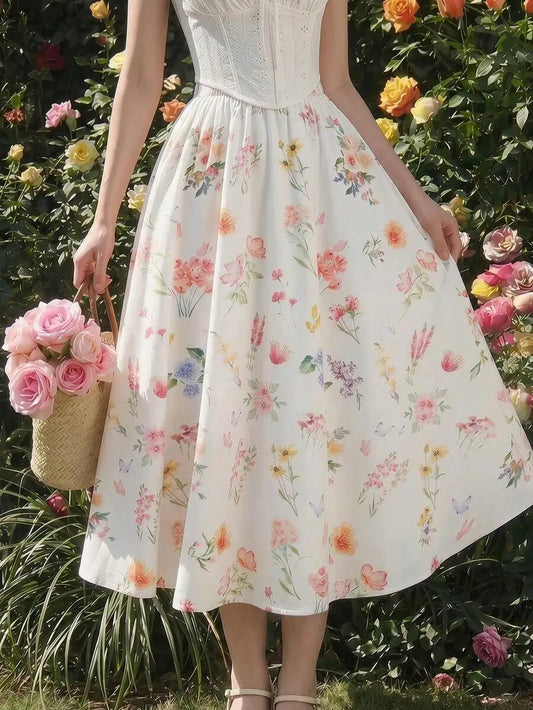 Womens High Waist Floral Print A-Line Midi Dress Summer Romantic Elegant Cottagecore
