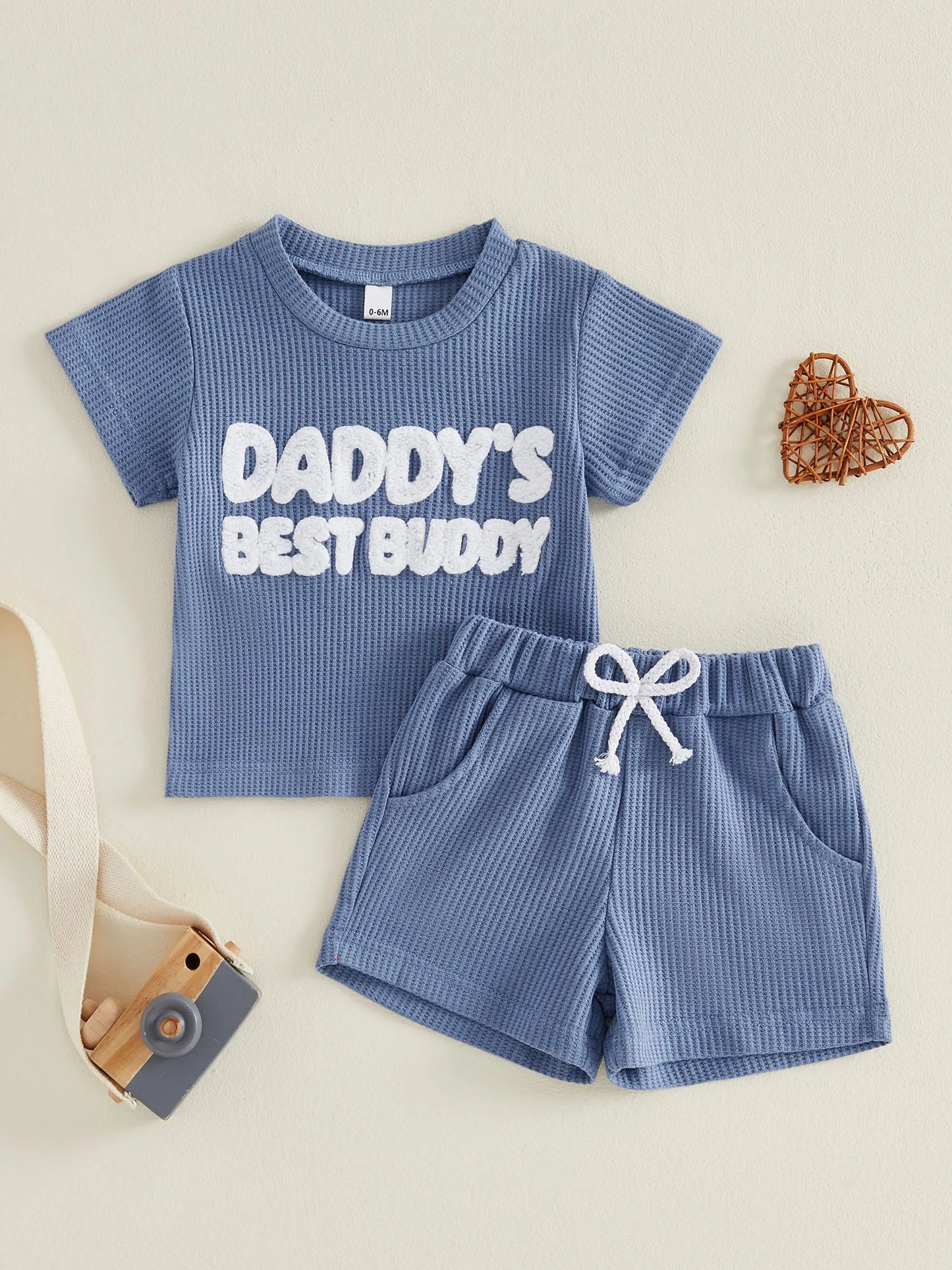 Infant Boy s Stylish Summer Ensemble with Embroidered Letters Crew Neck Short Sleeves and Matching Shorts - 2 Piece Set