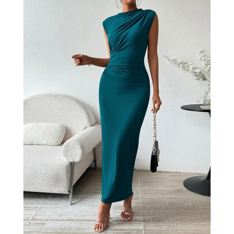 Women Ruched Bodycon Maxi Dress Wedding Guest Sleeveless