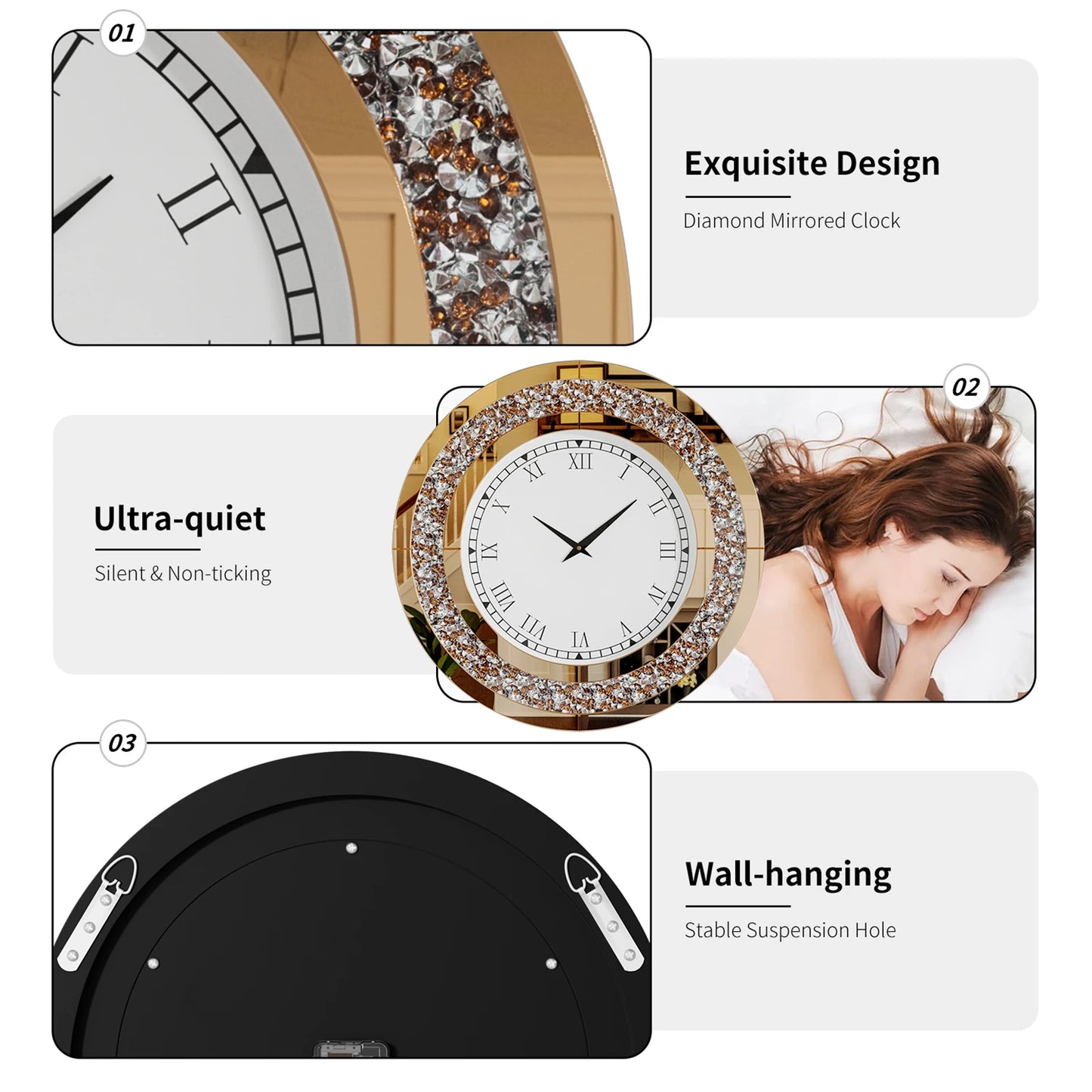 Bling Silver Round Mirror Wall Clock For Home Decor