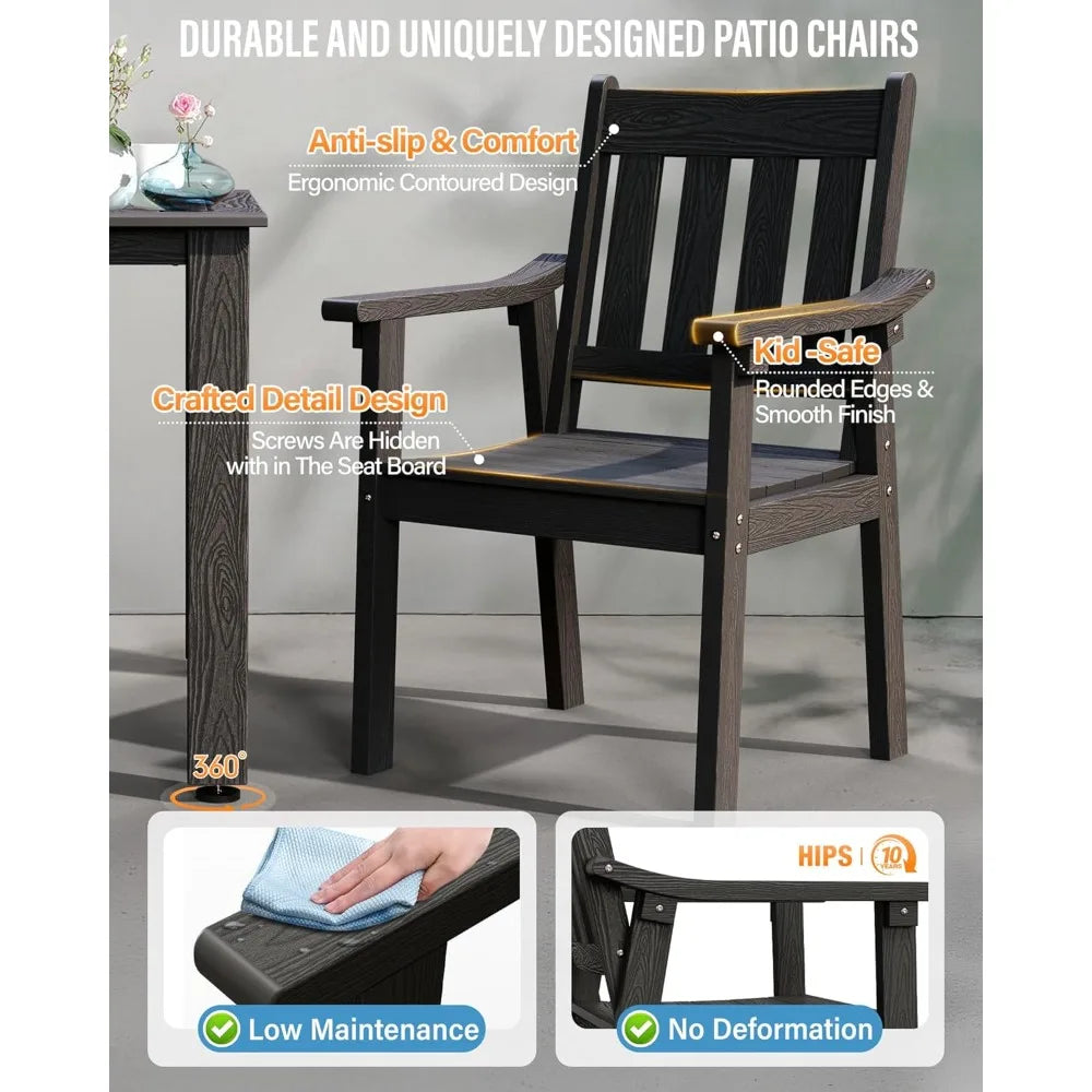 HIPS Patio Table Set: 7 Piece Outdoor Table and Chairs Dining Furniture Set with Umbrella Hole - Black Modern Plastic Dining Se