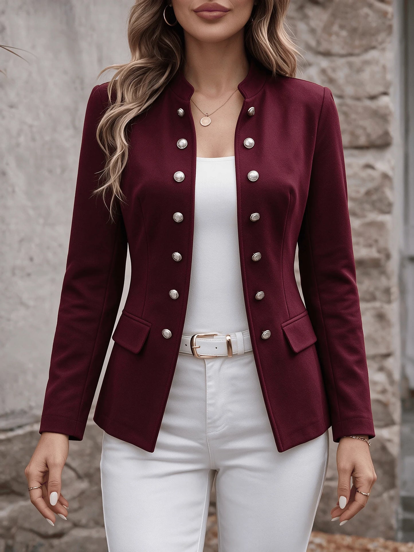 Women Stand Collar Blazer Jacket Elegant Double‑Row Silver Button Long Sleeve Slim Fit Office Business Casual Outerwear for Daily Work