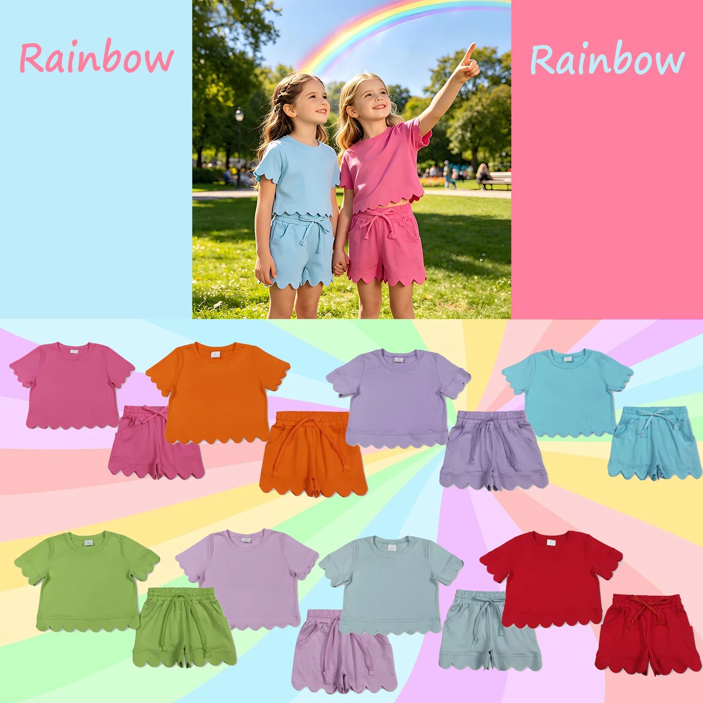 Cotton Clothes Sets for Sibling Baby Girls with Short Sleeve Top Pockets And Scallop Shorts