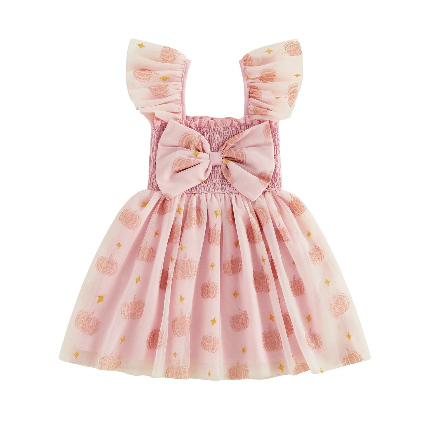 Toddler Halloween Dress With Tulle Flying Sleeves Bow Pumpkin Decor