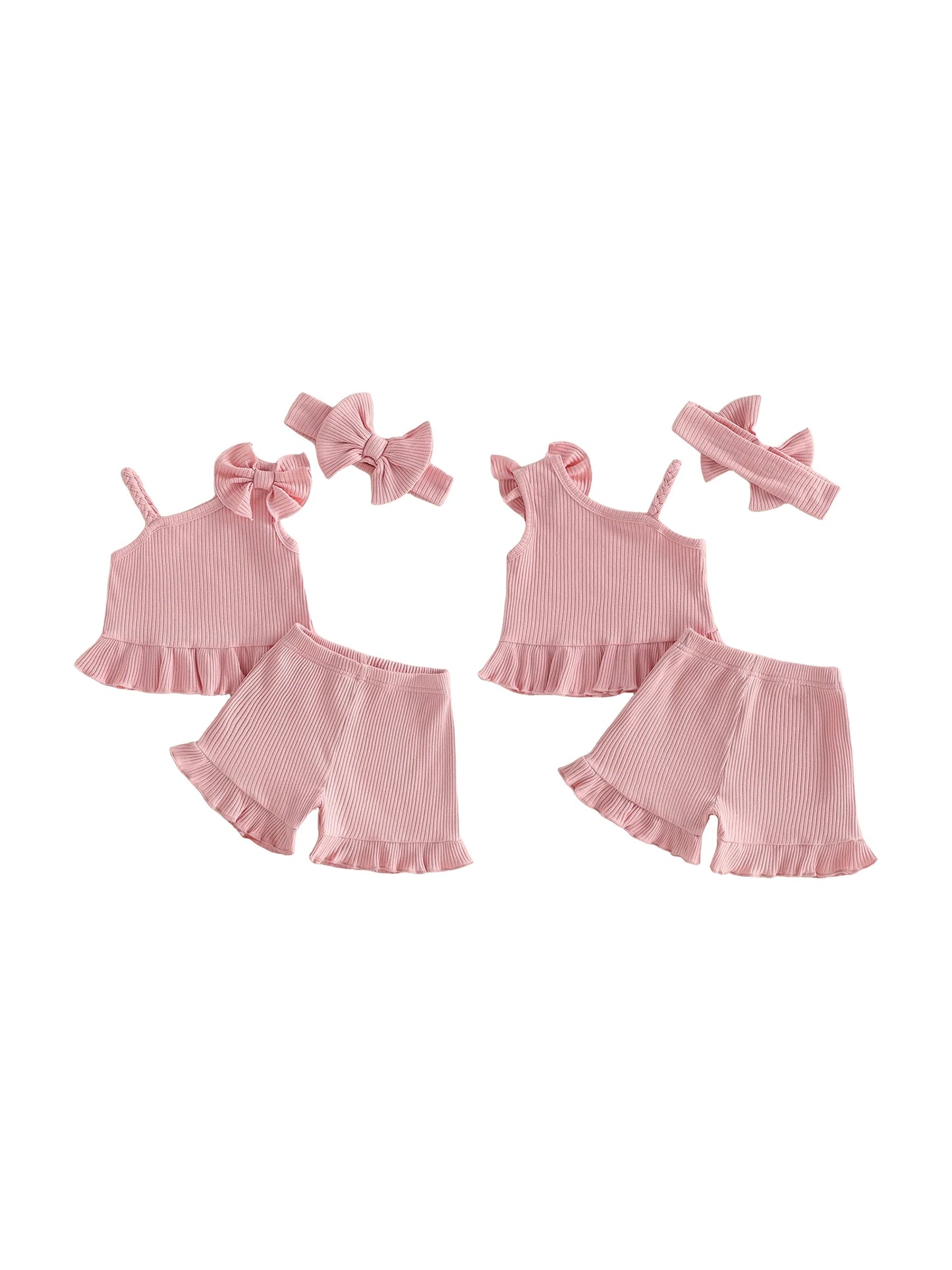 Adorable Toddler Girl s Summer Ensemble with Bow Detail Ribbed Sleeveless Top Ruffle Shorts and Matching Headband - 3 Piece