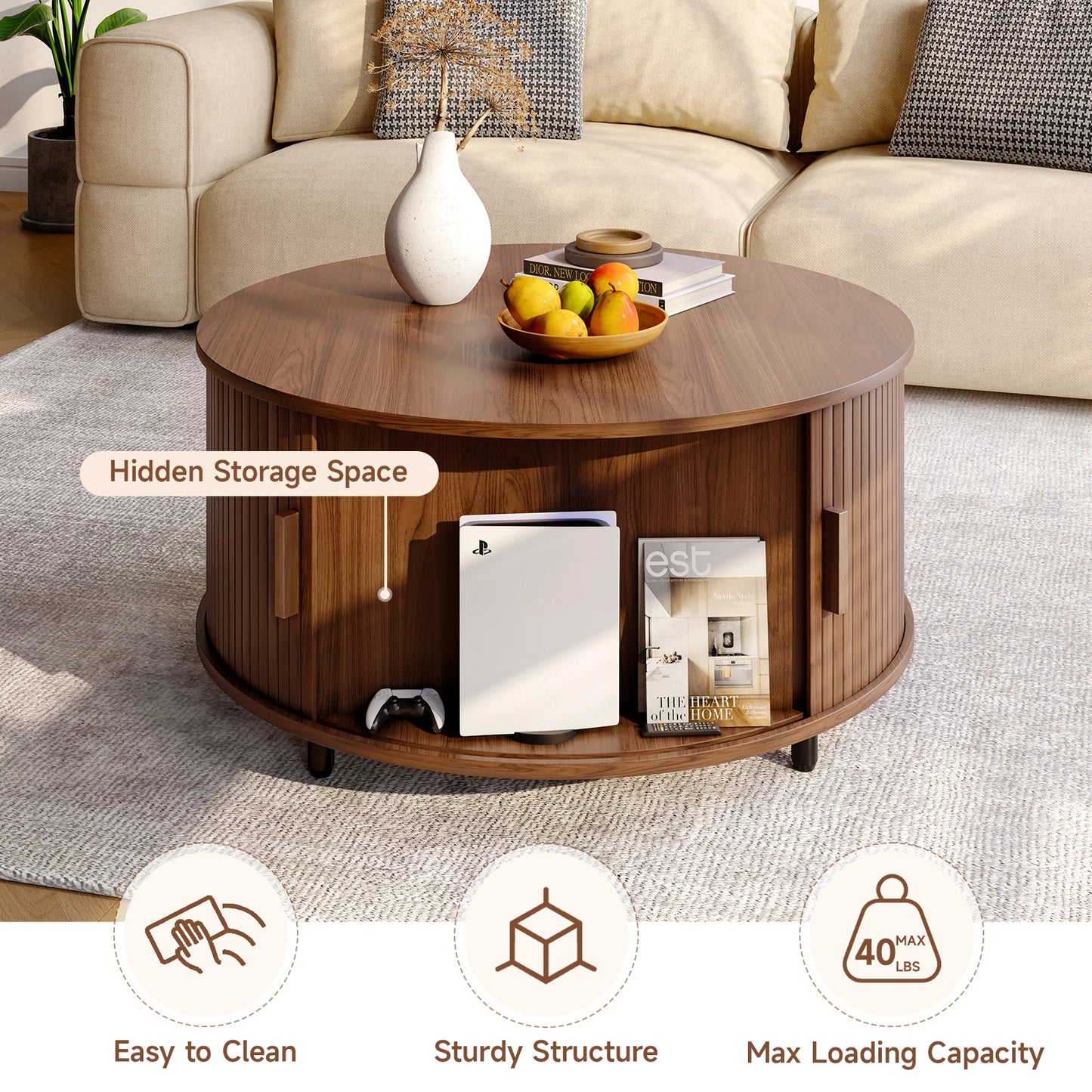 Round Coffee Table With Storage And Fluted Wood Accent