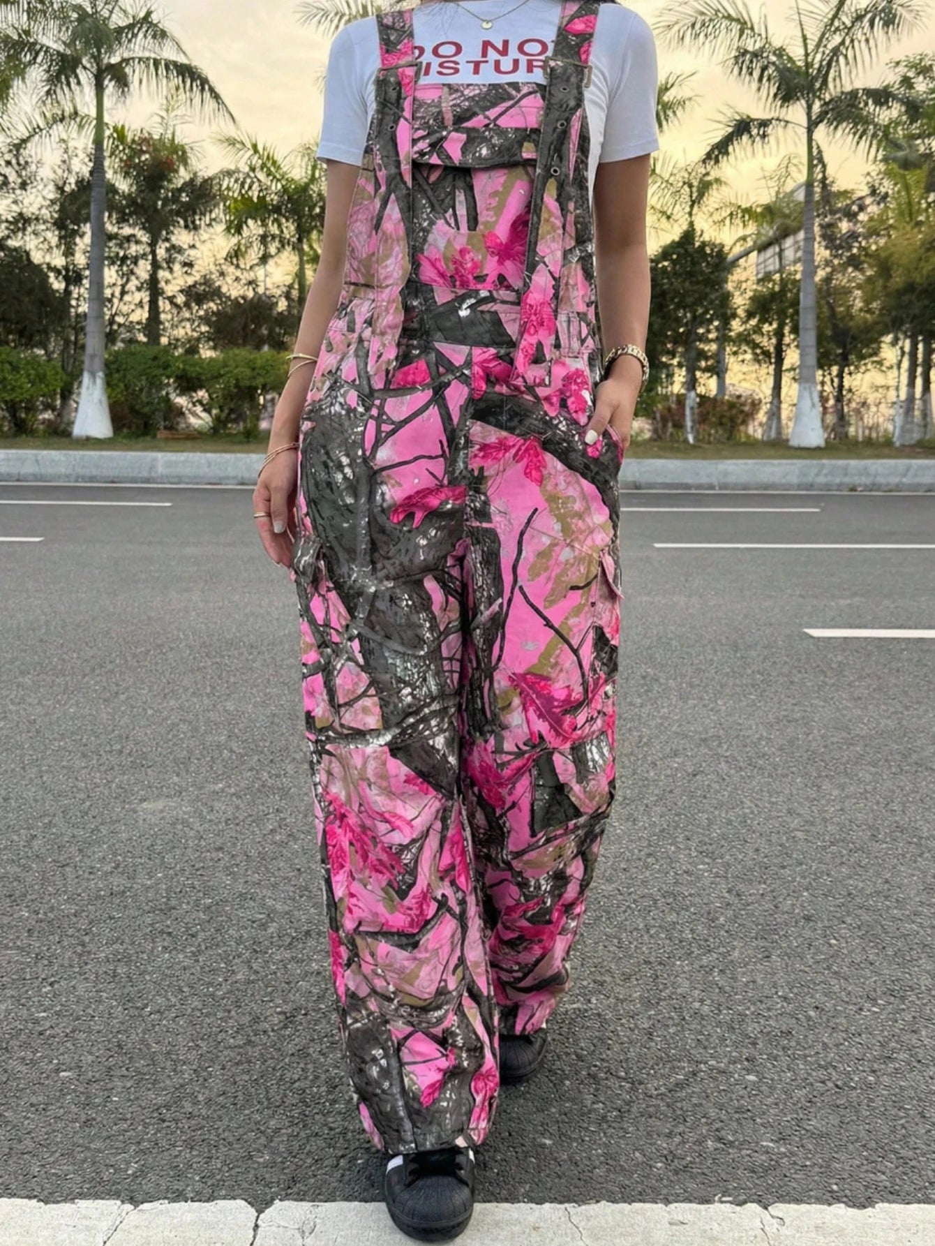 Women Adjustable Strap Printed Wide Leg Overalls For Casual Streetwear Outdoor And Daily Vacation Occasion