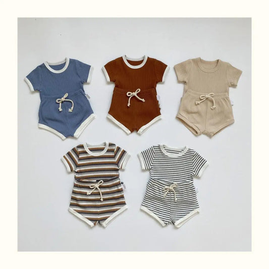 Summer 2 Pieces Toddler Infant Kid Baby Boy Clothes Sets Soft Short Sleeve T-shirt Tops Striped Shorts Summer Outifts Clothing