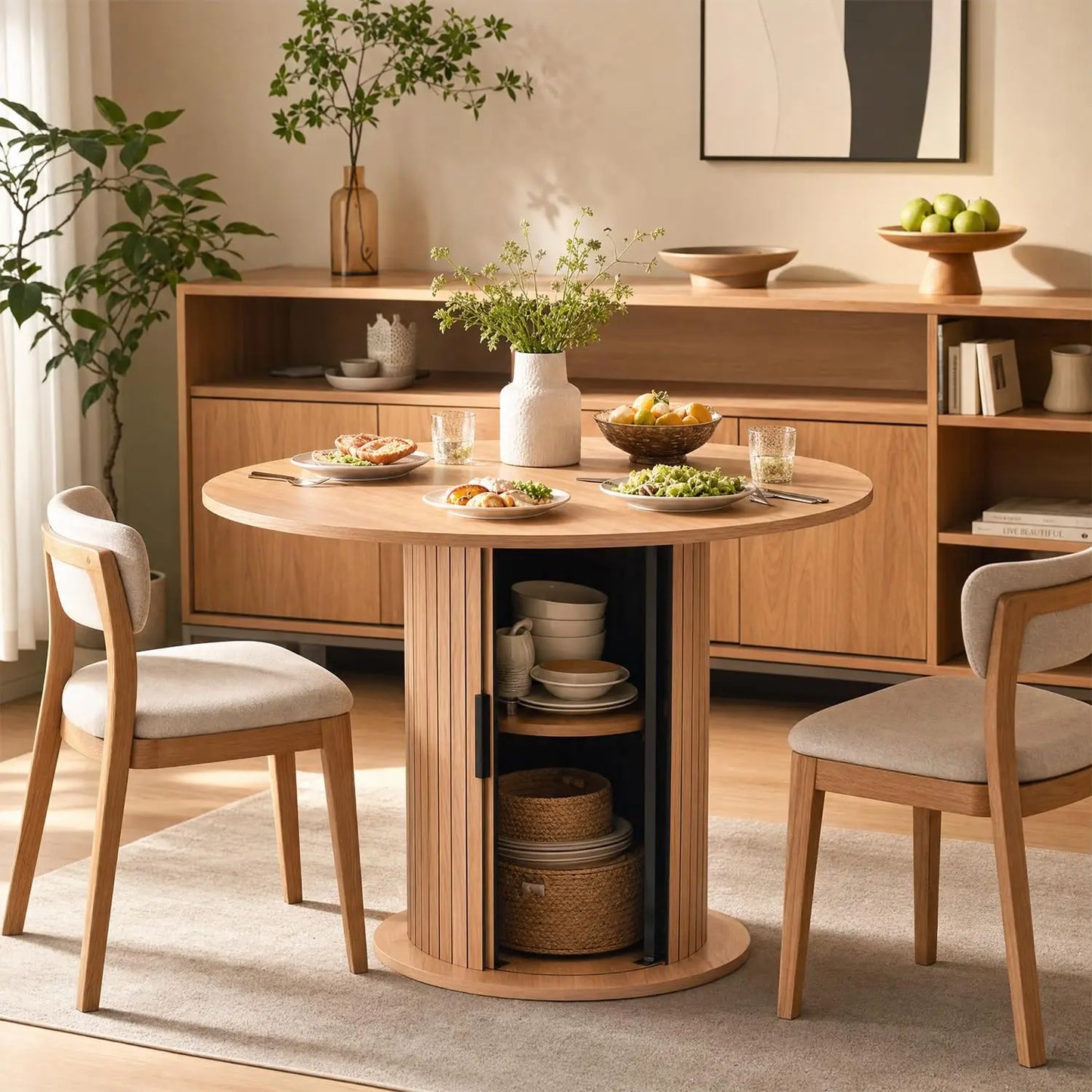 31.5in Round Dining Table For 2-4, Space Saving Kitchen Table With Center Storage, Farmhouse Wood Table For Homes & Dining Rooms