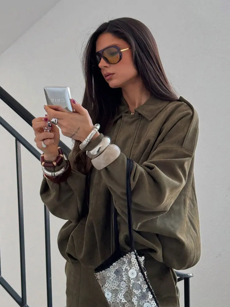 CN Jiangsu Women Suede Bomber Jacket With Zipper