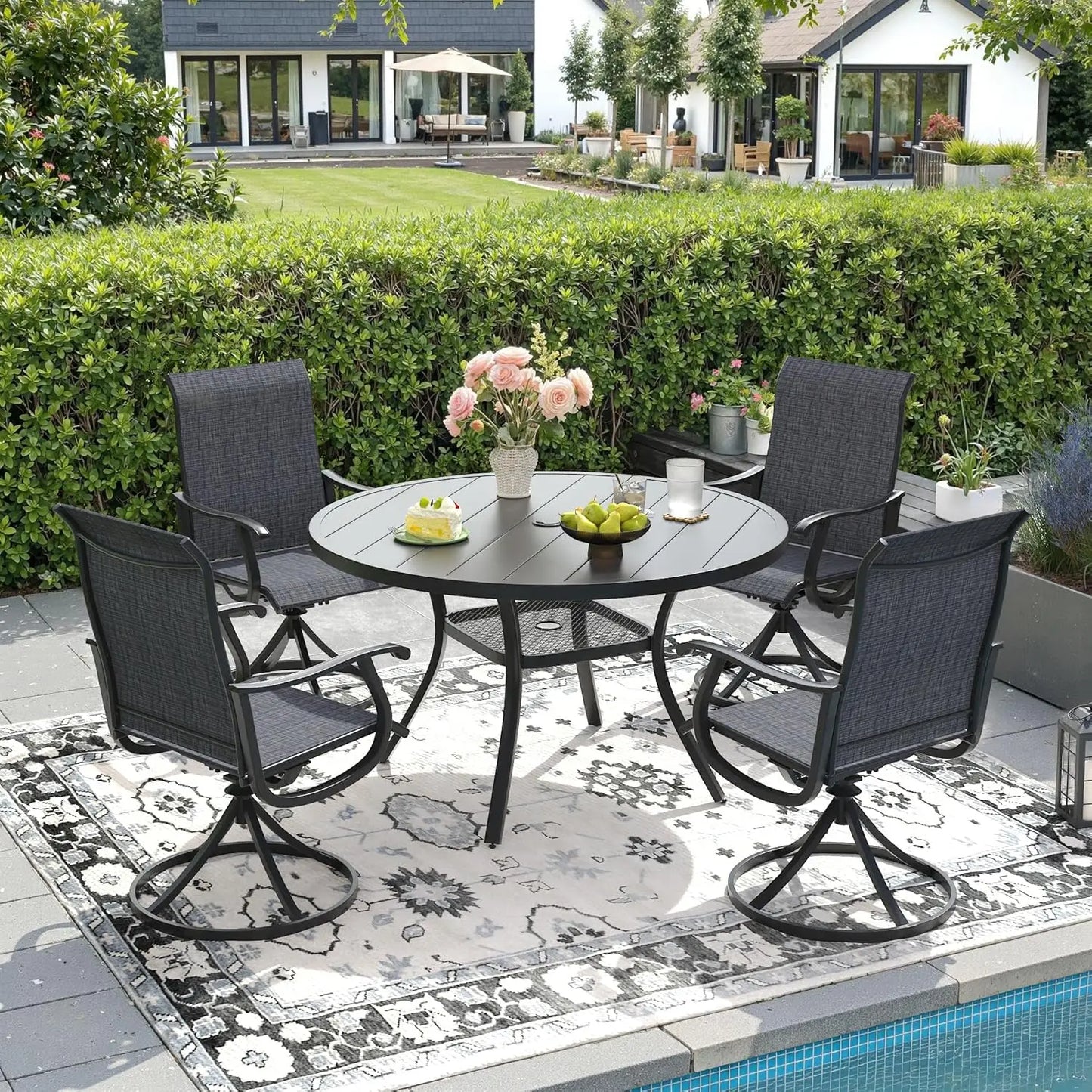 5 Pieces Outdoor Patio Dining Set, 4 Brown Textilene Swivel Dining Chairs and 40.6" Black Round Dining Table, Metal, Customized