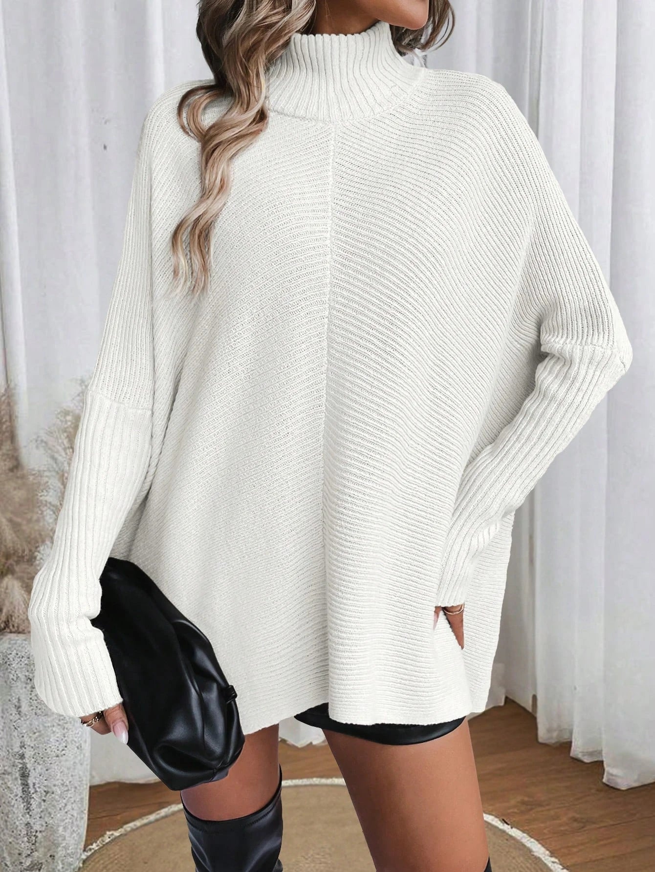 Cakulo Women Knit Turtleneck Sweater Long Sleeve Irregular Hem