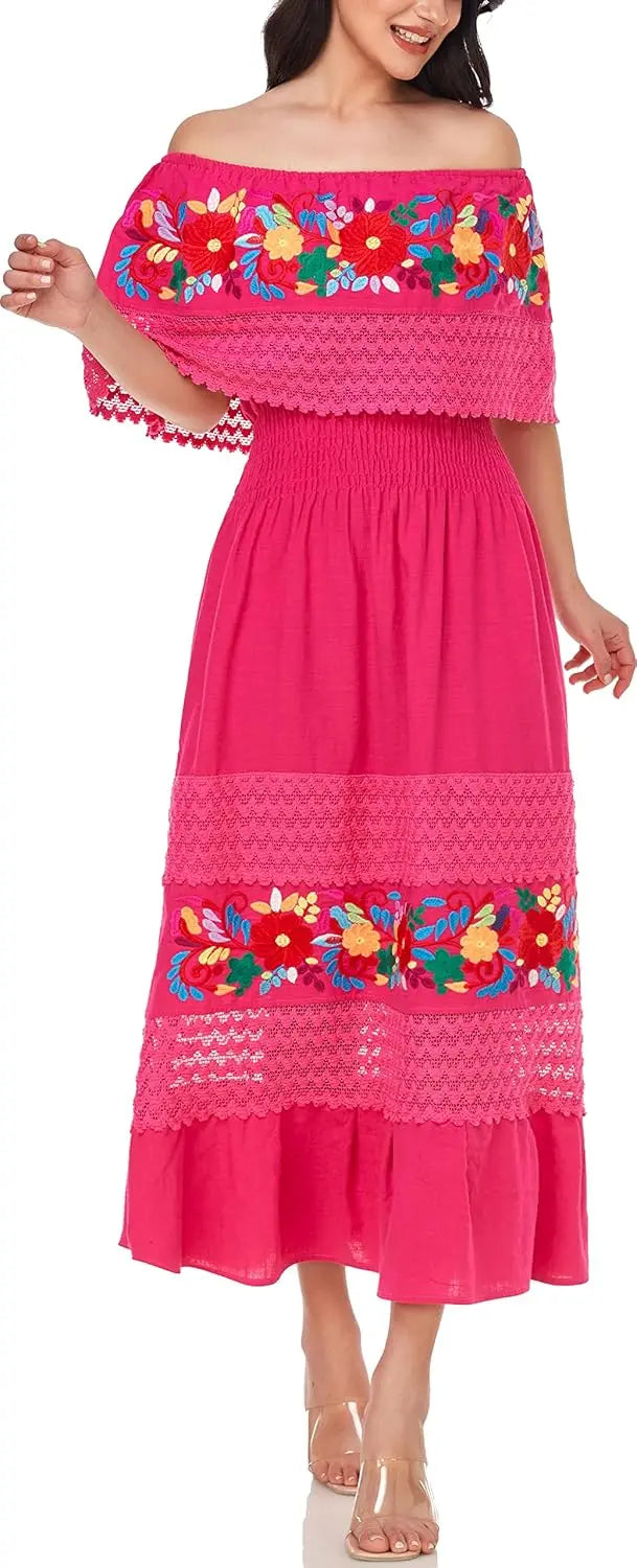 Women Cotton Off Shoulder Mexican Peasant Casual Dress