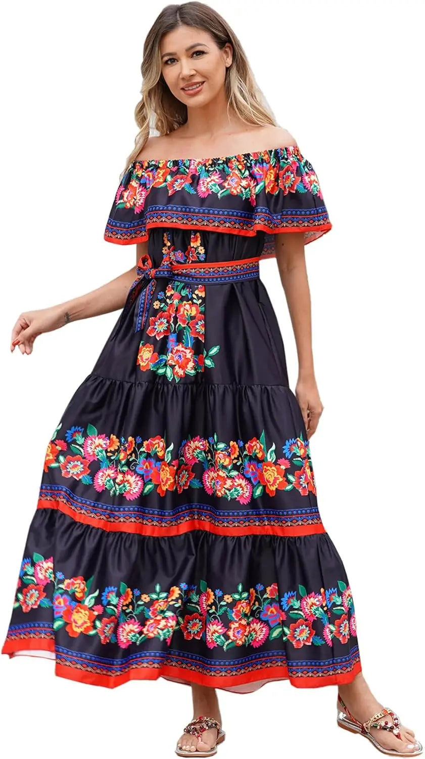 Floral Off Shoulder Maxi Dress For Women With Belt Summer Beach