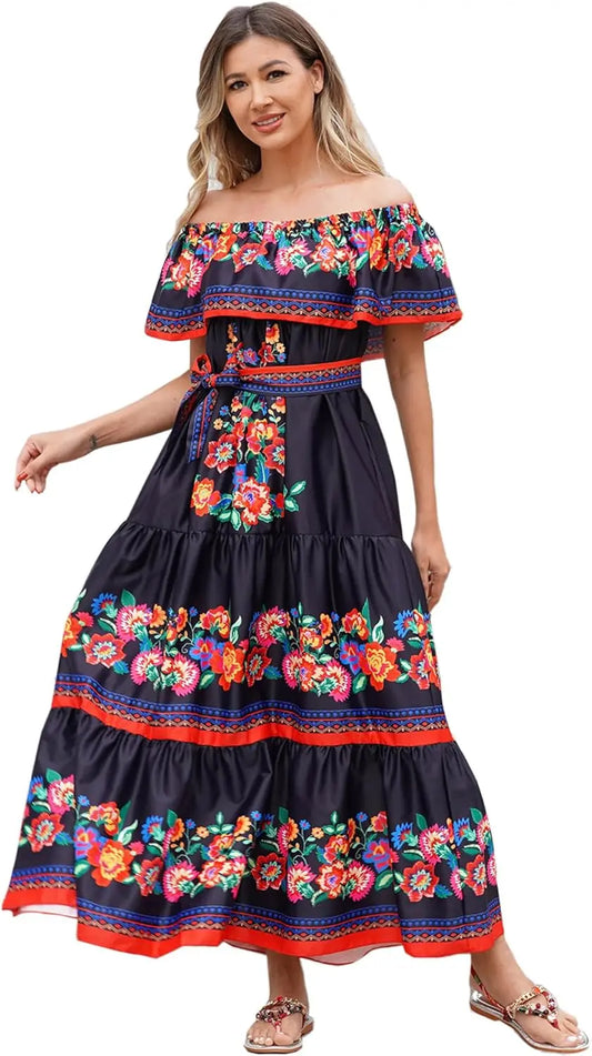 Floral Off Shoulder Maxi Dress For Women With Belt Summer Beach