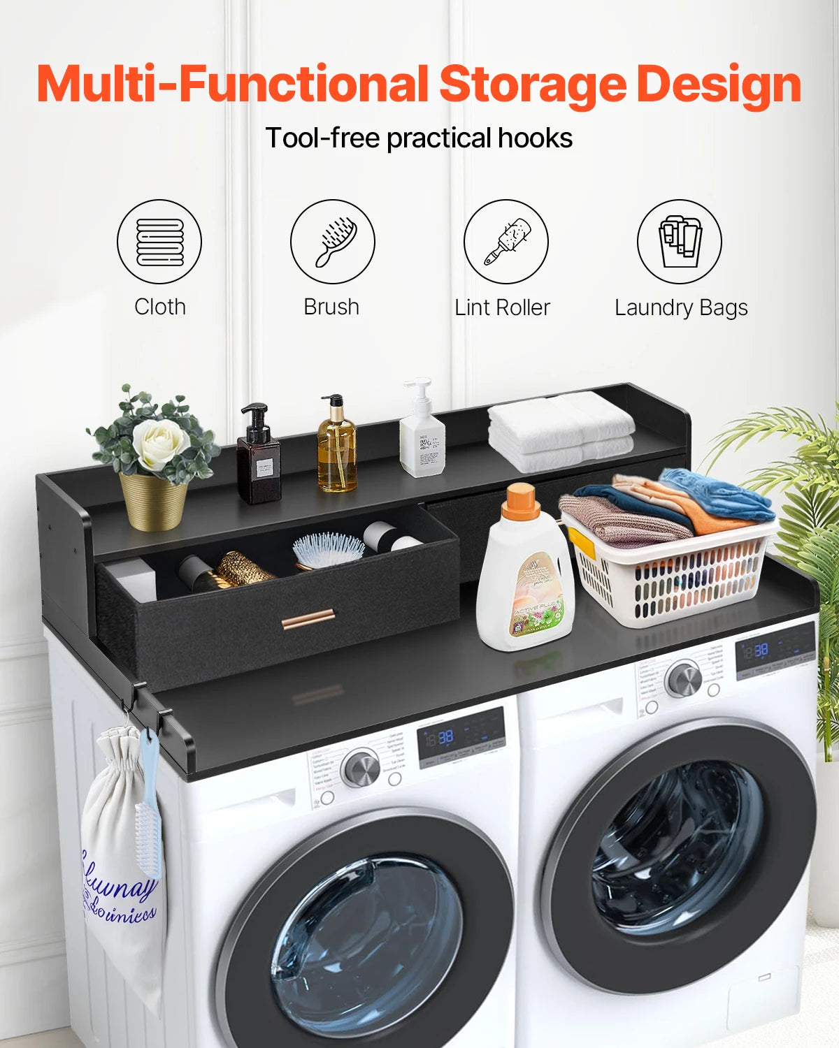 SucceBuy Washer Dryer Countertop With Wooden Drawer Shelf Laundry Topper
