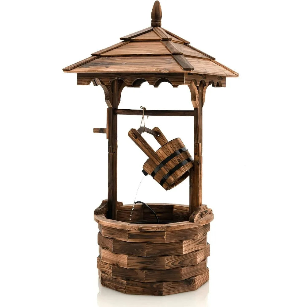 Rustic Wishing Well Fountain, Outdoor Wooden Water Fountain with Electric Pump, 5 Adjustable Water Flow Rates, Water Bucket, Fr