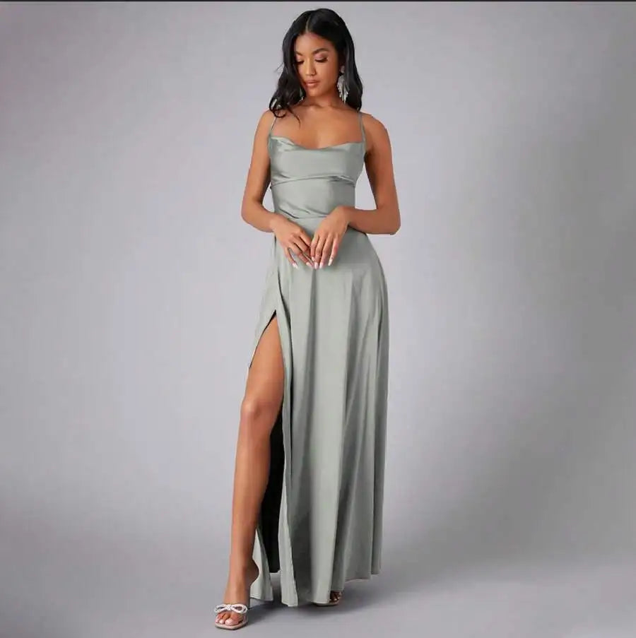 Satin Spaghetti Strap Prom Dress With High Slit And Draping