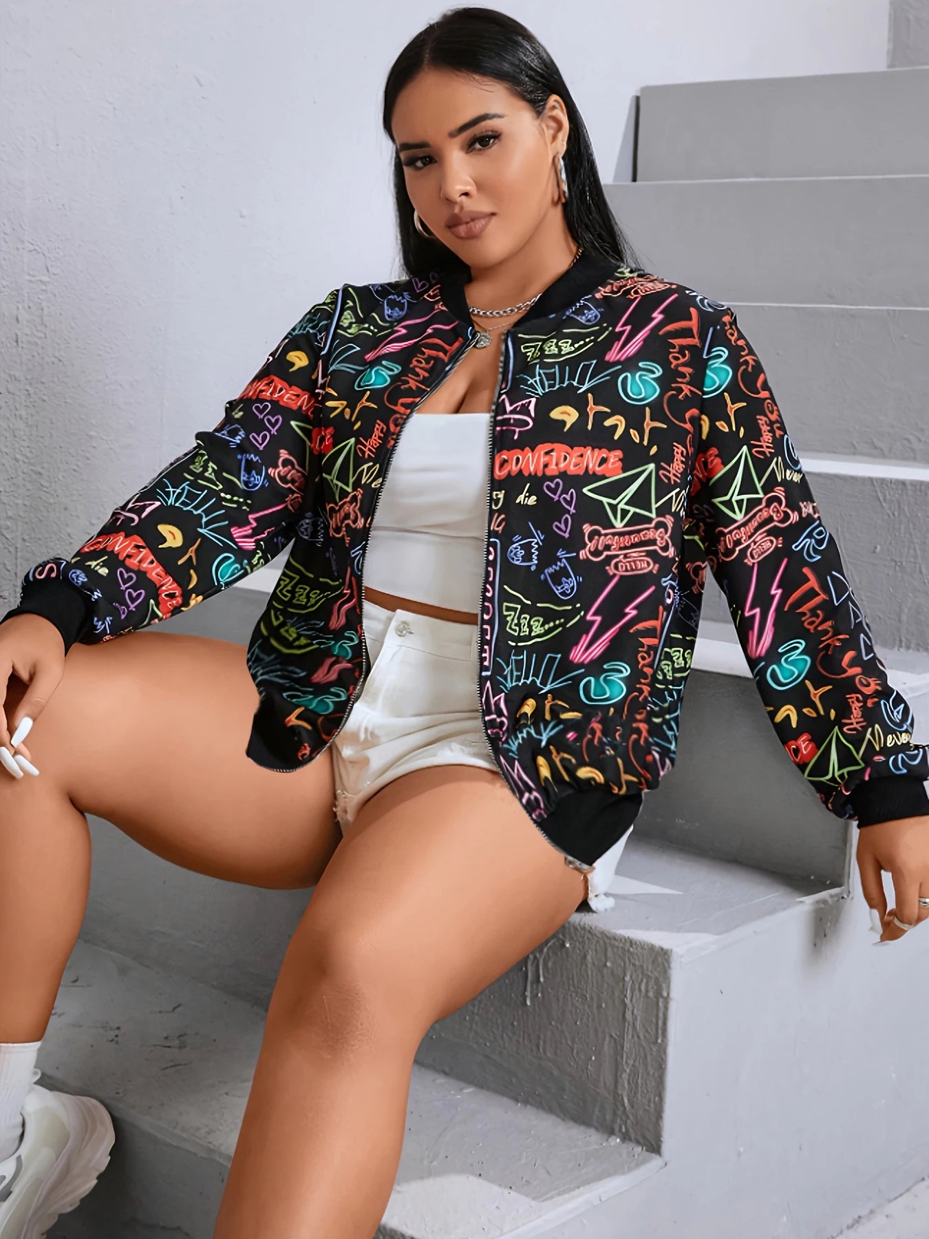 Plus size women's colorful neon graffiti print baseball jacket zipper street style casual slimming stand collar jacket coat