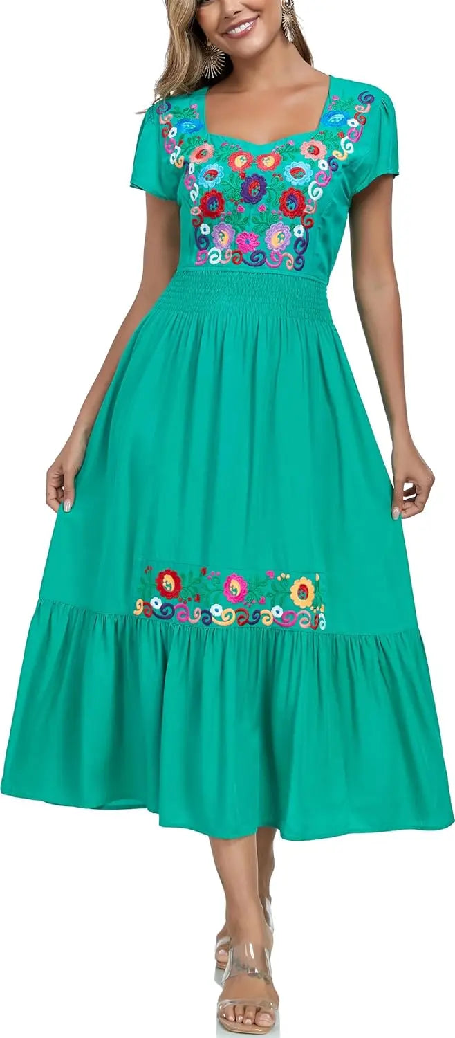 Floral Embroidered Maxi Dress For Women, Round Neck, Short Sleeve