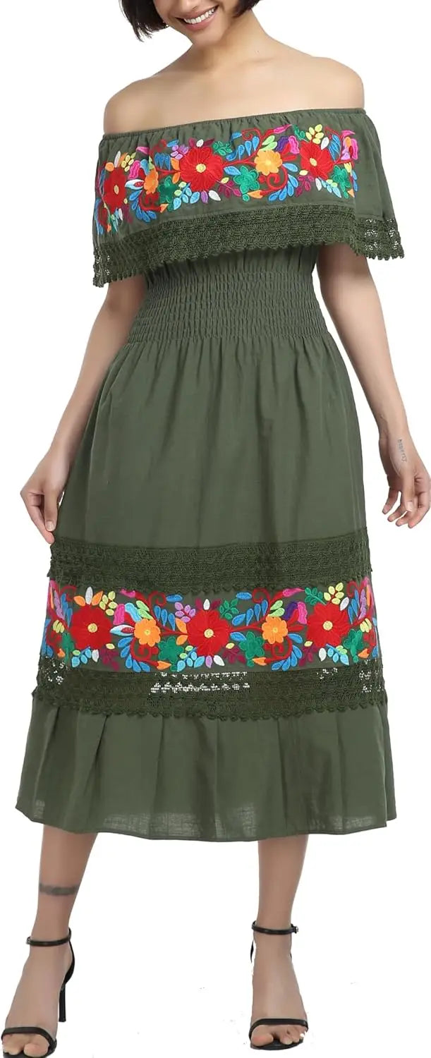 Women Cotton Off Shoulder Mexican Peasant Casual Dress