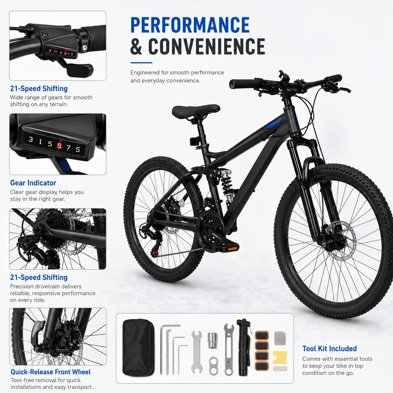 24/26/27.5 Inch Full Suspension Mountain Bike 21-Speed Mechanical Disc Brakes Suitable for Men and Women, Youth Bicycles Easy to Assemble