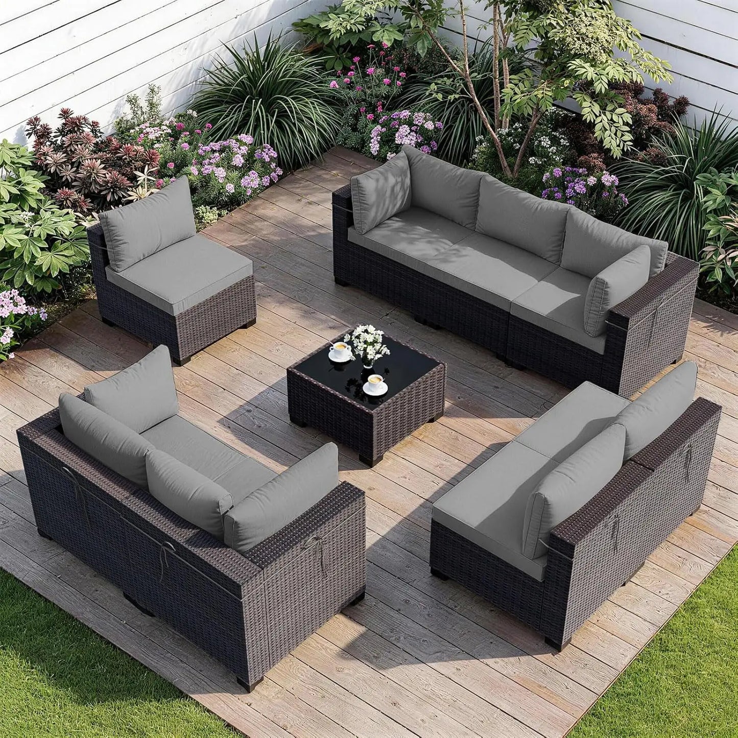 Patio Furniture Set with Coffee Table, 9 Pieces Outdoor Sectional with Wide Seat and Thick Cushion, All Weather, Customized