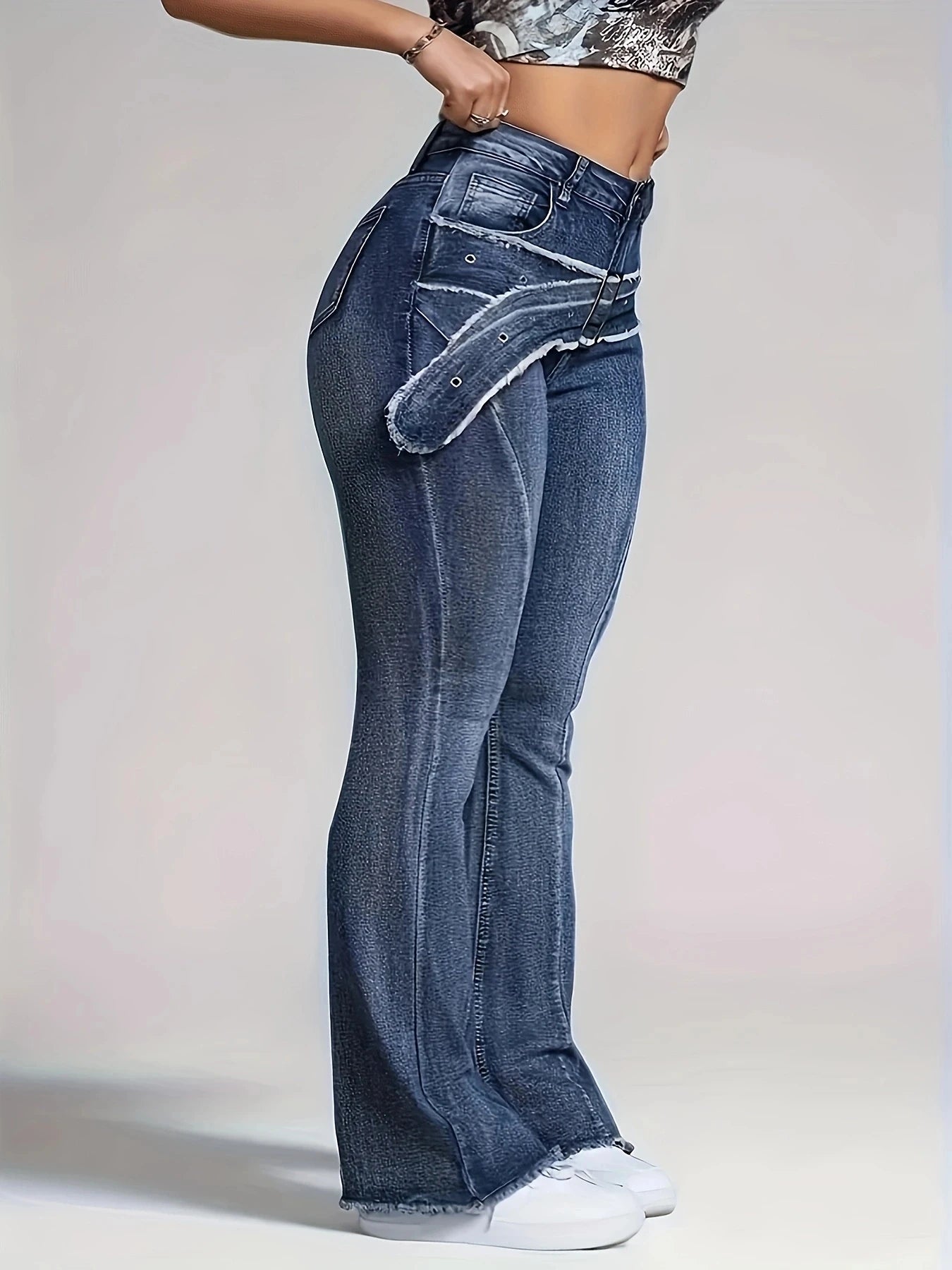 Womens Faux Waistband Curved Edge Micro Flare Denim Jeans