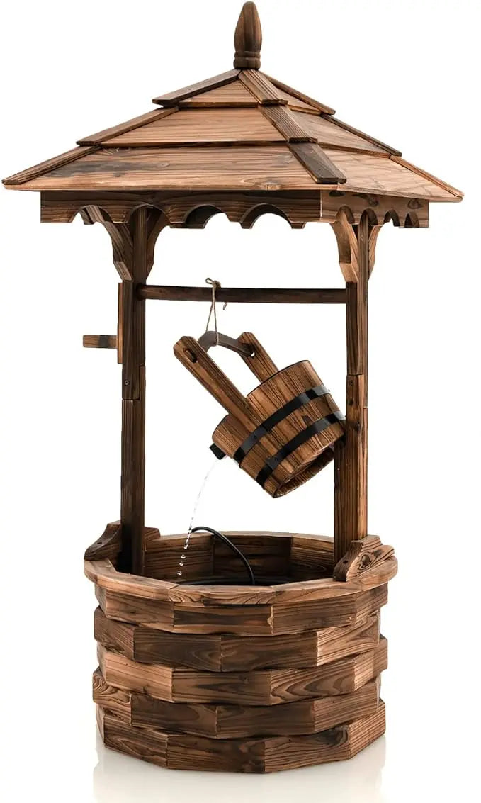 Rustic Wishing Well Fountain, Outdoor Wooden Water Fountain with Electric Pump, 5 Adjustable Water Flow Rates, Water Bucket, Fr