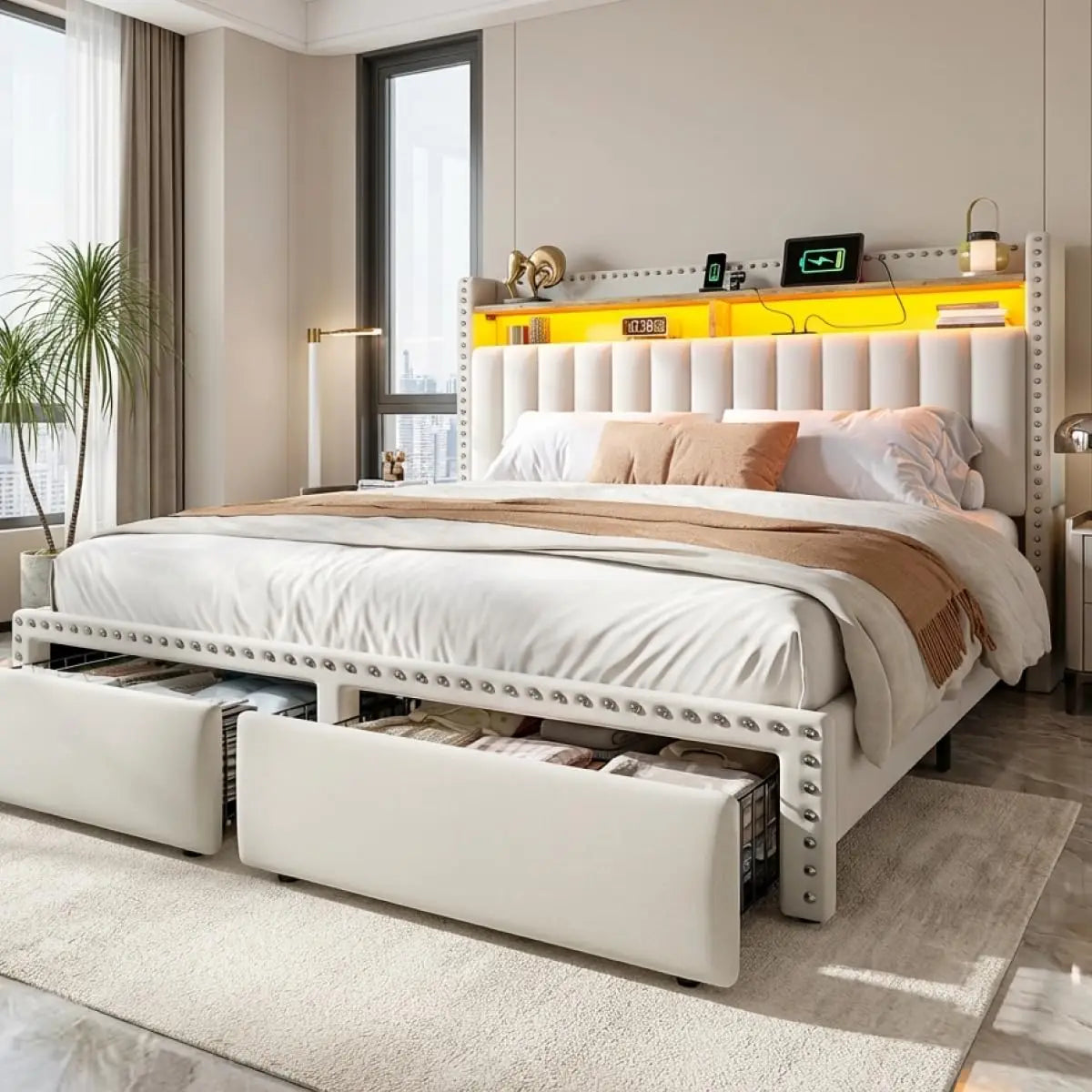 Queen Bed Frame with 2 Storage Drawers, Upholstered Queen Platform Bed with LED Lights and Charging Station, Sturdy, Customized
