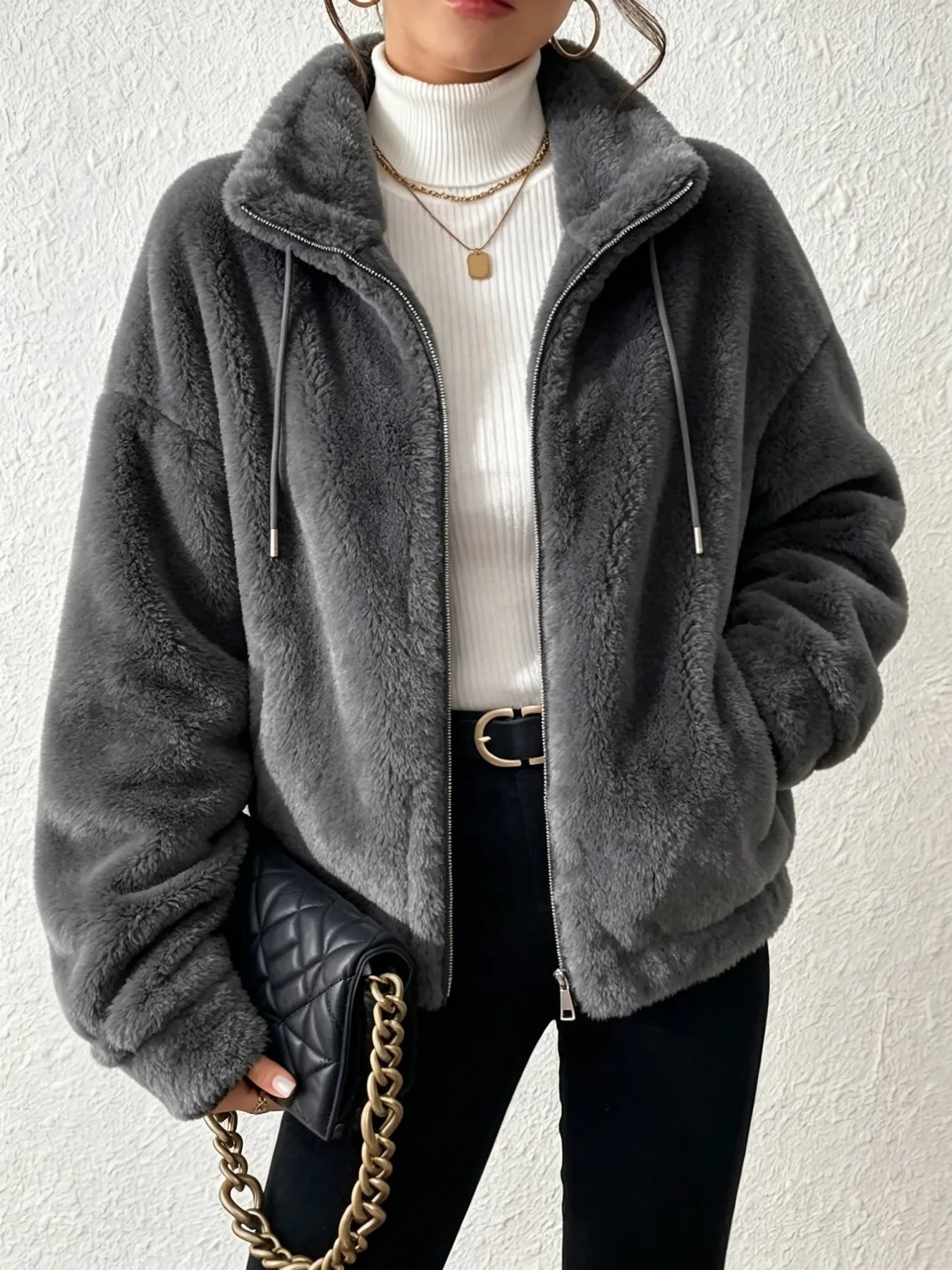 Women Fuzzy Fleece Zip Up Jacket Stand Collar Drawstring Loose Oversized Coat Warm Plush Winter Outerwear Casual Streetwear