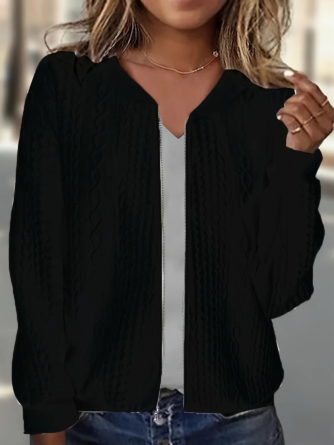 Plus size women's cable knit V-neck zip-up short jacket loose zip long sleeve pocket slimming daily commute cardigan top