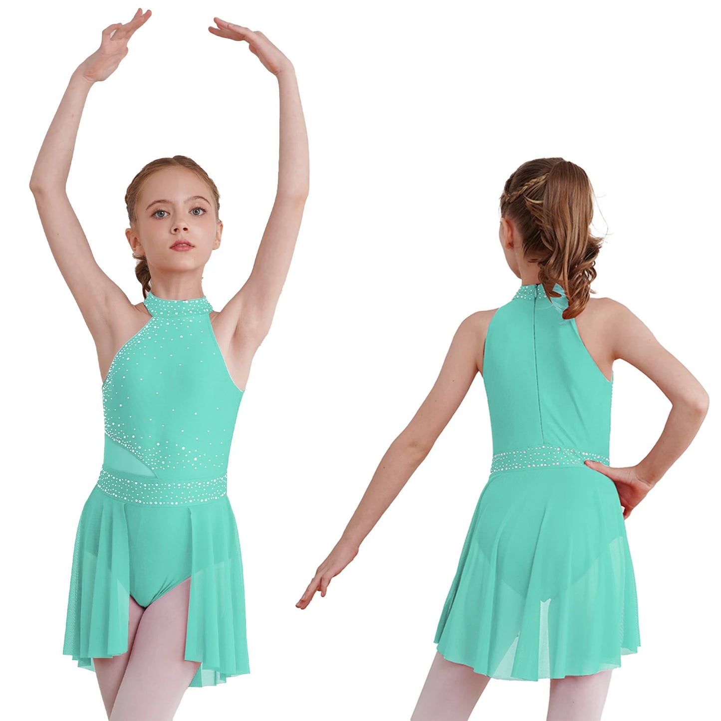 NONECN Girls Rhinestone Halter Ice Skating Dress Skirted Leotard Dancewear