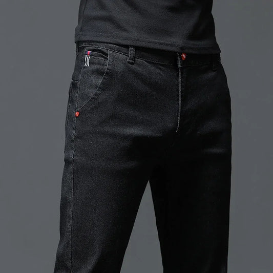 Solid Color Cotton Black Dark Gray Classic Slim Stretch Casual Korean Fashion Youth Male Denim Trousers Jeans Men's Trousers