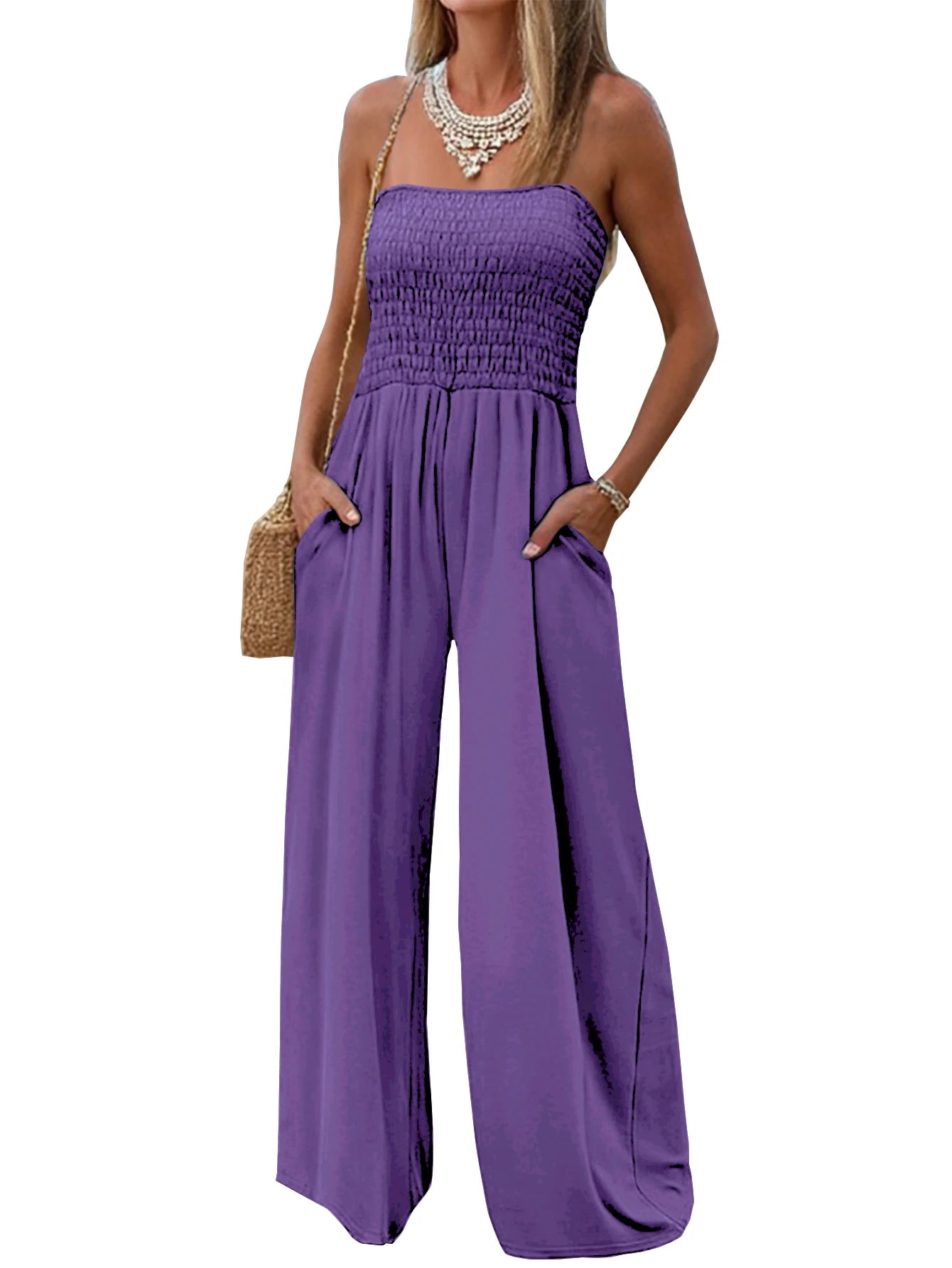 Summer solid-color strapless jumpsuit for women, with a casual commuting style, simple and elegant